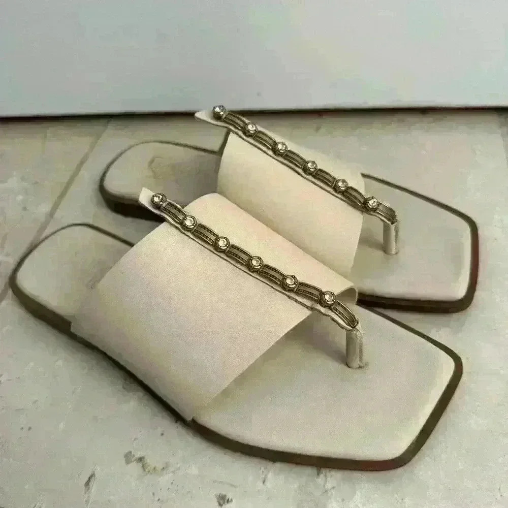 Franco Sarto Megs Sandal‎ Brass Diamond Accents Cream Leather Modern Art Deco 8